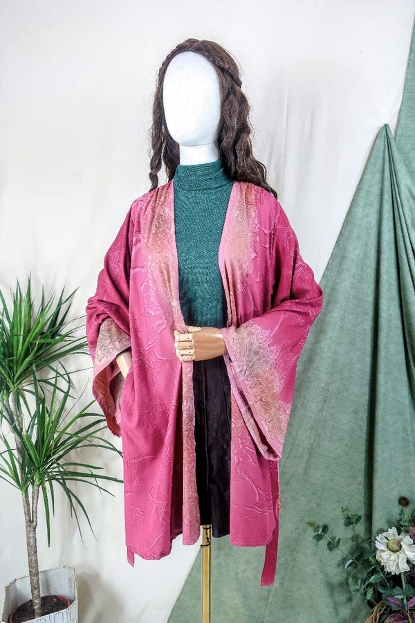 Karina Kimono Mini Dress - Vintage Sari - Rose Acid Wash Floral - Free Size XL By All About Audrey