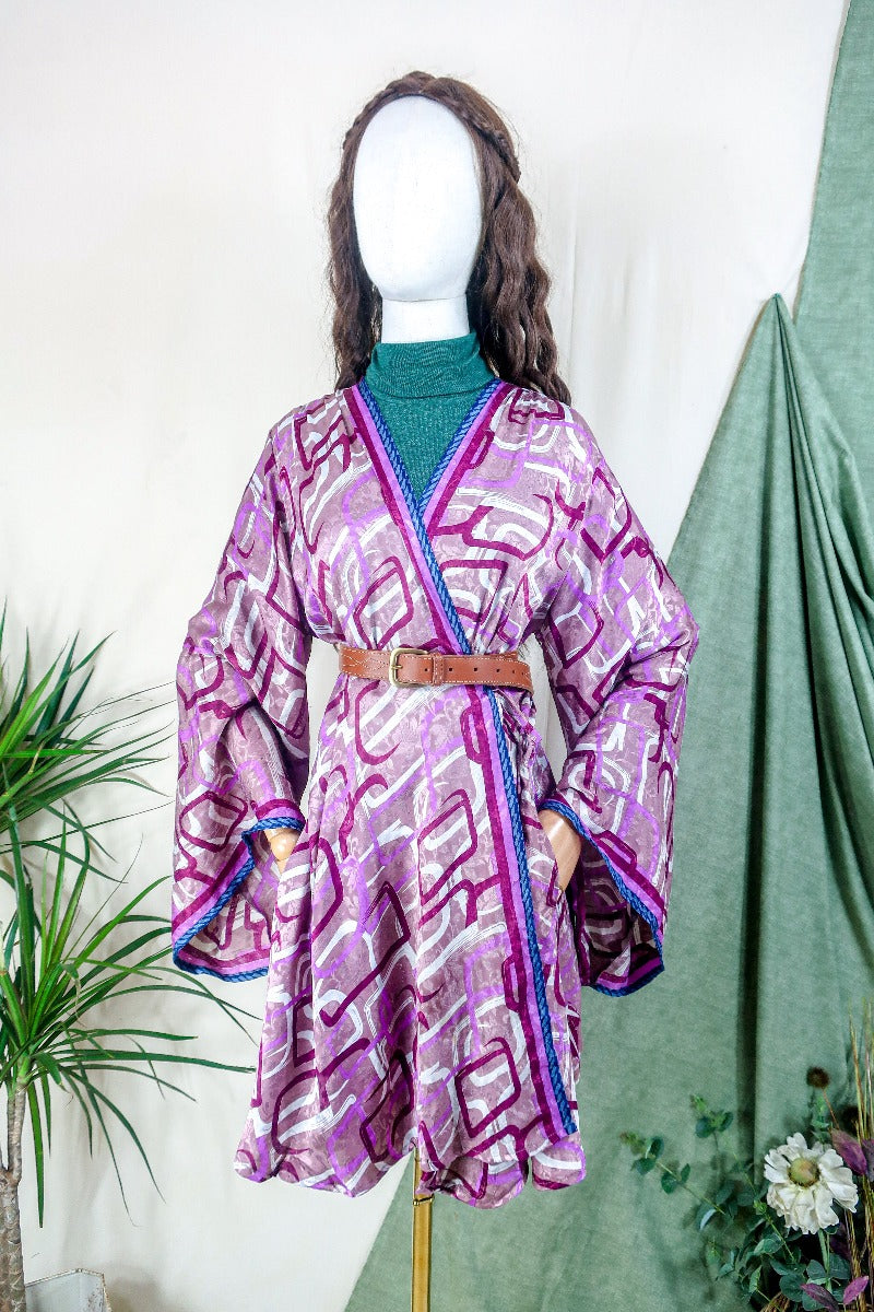 Karina Kimono Mini Dress - Vintage Sari - Geometric Dusted Rose - Free Size XL By All About Audrey