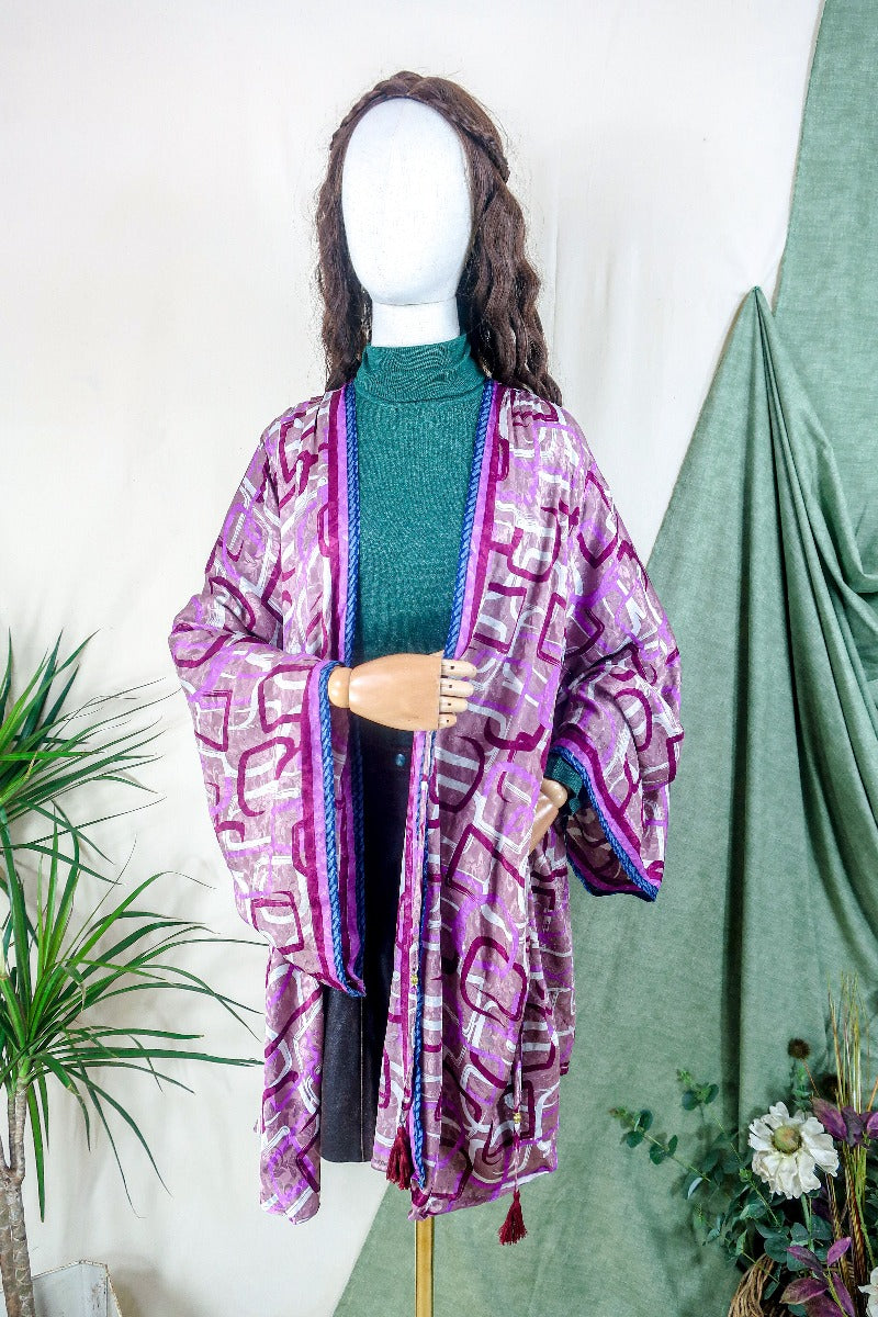 Karina Kimono Mini Dress - Vintage Sari - Geometric Dusted Rose - Free Size XL By All About Audrey