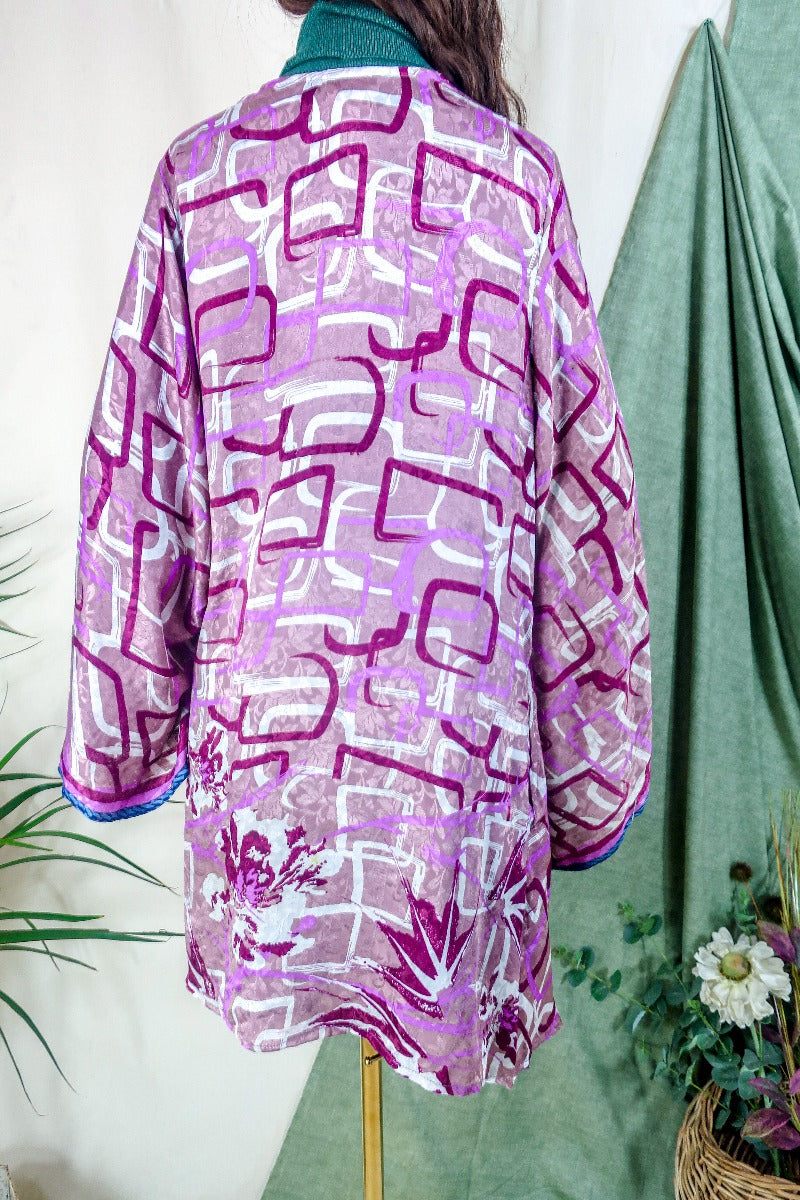 Karina Kimono Mini Dress - Vintage Sari - Geometric Dusted Rose - Free Size XL By All About Audrey