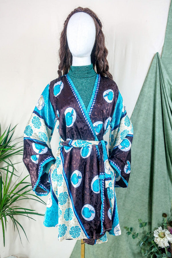 Karina Kimono Mini Dress - Vintage Sari - Aqua & Umber Apple Print - Free Size M/L By All About Audrey