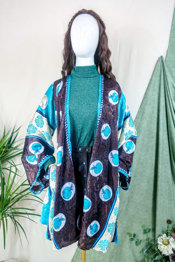 Karina Kimono Mini Dress - Vintage Sari - Aqua & Umber Apple Print - Free Size M/L By All About Audrey