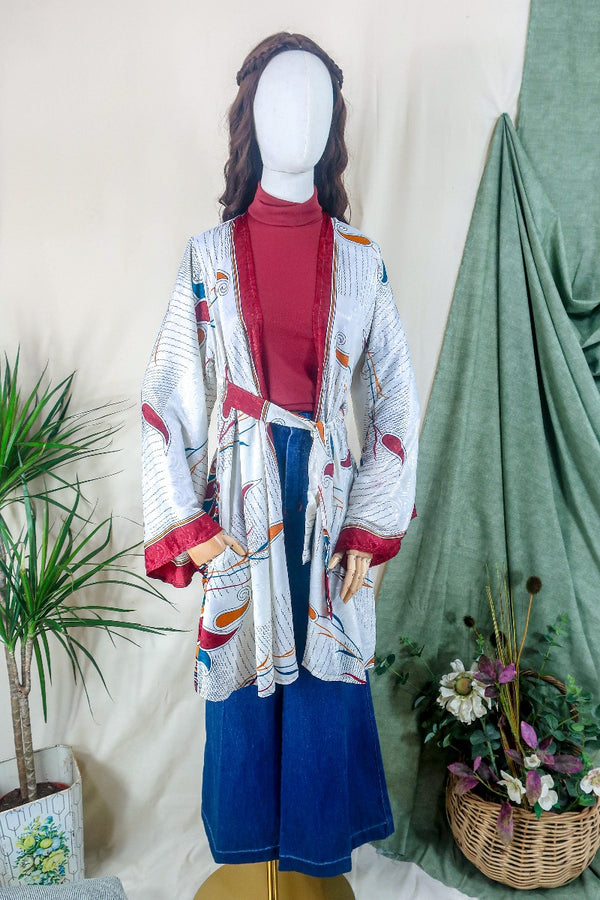 Karina Kimono Mini Dress - Vintage Sari - Jasmine White Graphic Paisley - Free Size M/L By All About Audrey