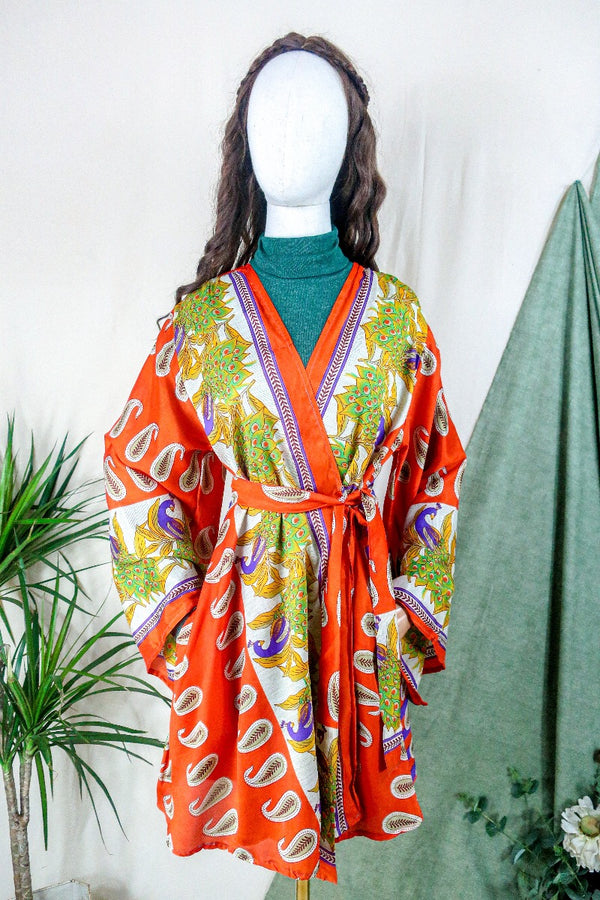 Karina Kimono Mini Dress - Vintage Sari - Pumpkin Orange Peacocks - Free Size XL By All About Audrey