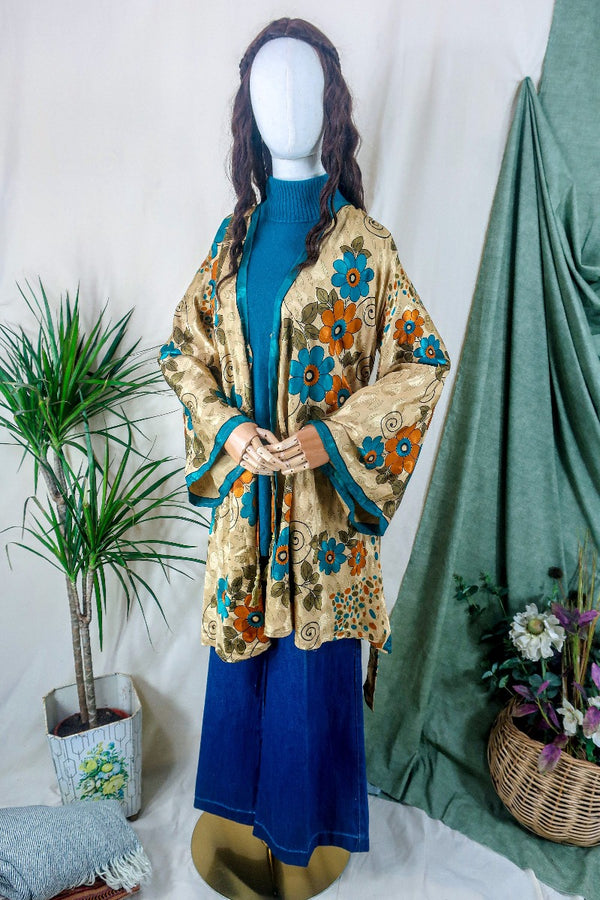 Karina Kimono Mini Dress - Vintage Sari - Golden, Rust & Teal Daisies - Free Size S/M By All About Audrey
