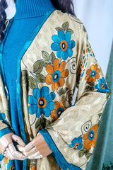Karina Kimono Mini Dress - Vintage Sari - Golden, Rust & Teal Daisies - Free Size S/M By All About Audrey