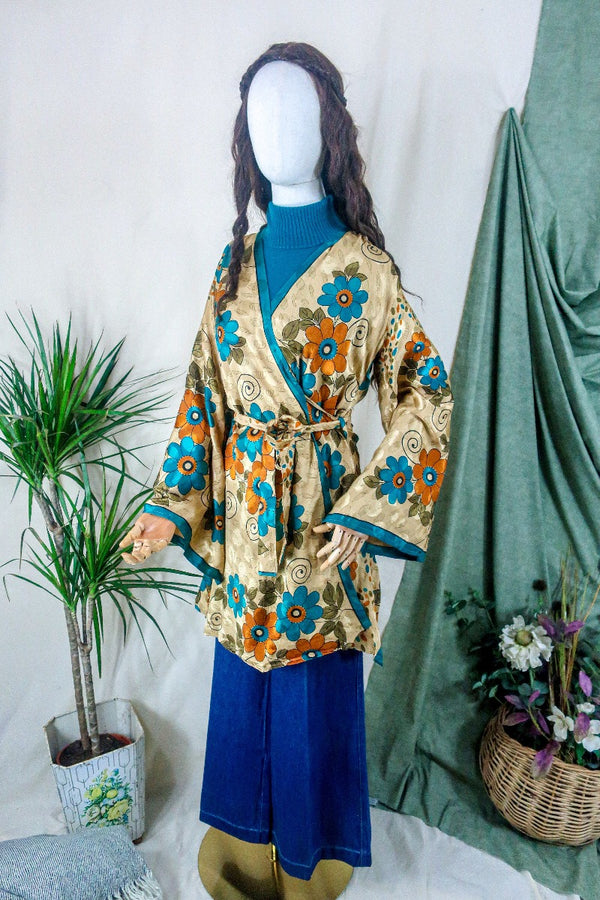 Karina Kimono Mini Dress - Vintage Sari - Golden, Rust & Teal Daisies - Free Size S/M By All About Audrey