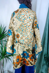 Karina Kimono Mini Dress - Vintage Sari - Golden, Rust & Teal Daisies - Free Size S/M By All About Audrey