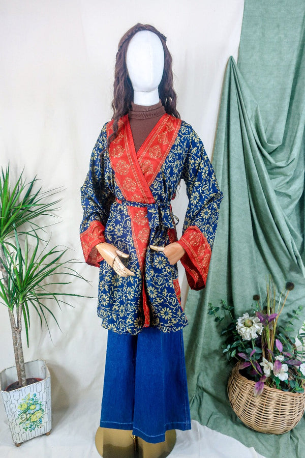 Karina Kimono Mini Dress - Vintage Sari - Indigo & Rust Block Print - Free Size M By All About Audrey