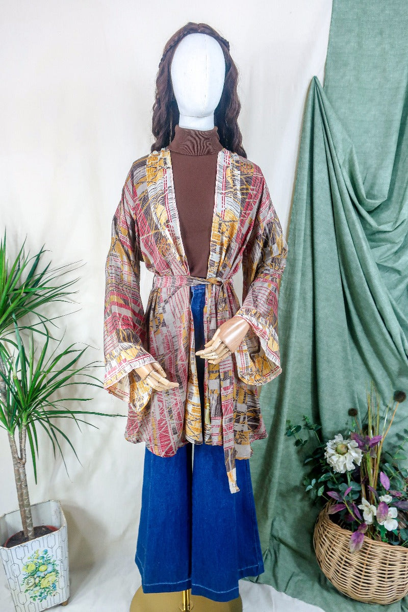 Karina Kimono Mini Dress - Vintage Sari - Earthy Mauve Abstract - Free Size S By All About Audrey