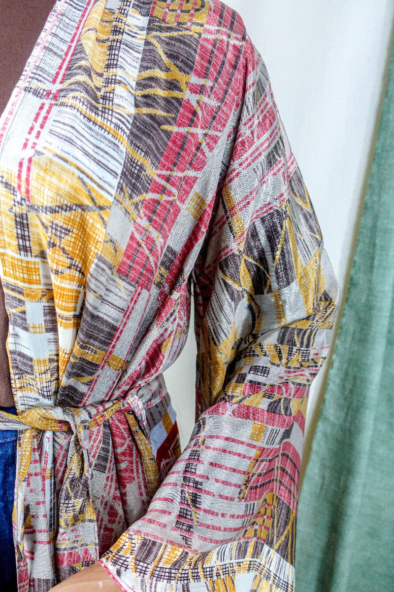 Karina Kimono Mini Dress - Vintage Sari - Earthy Mauve Abstract - Free Size S By All About Audrey