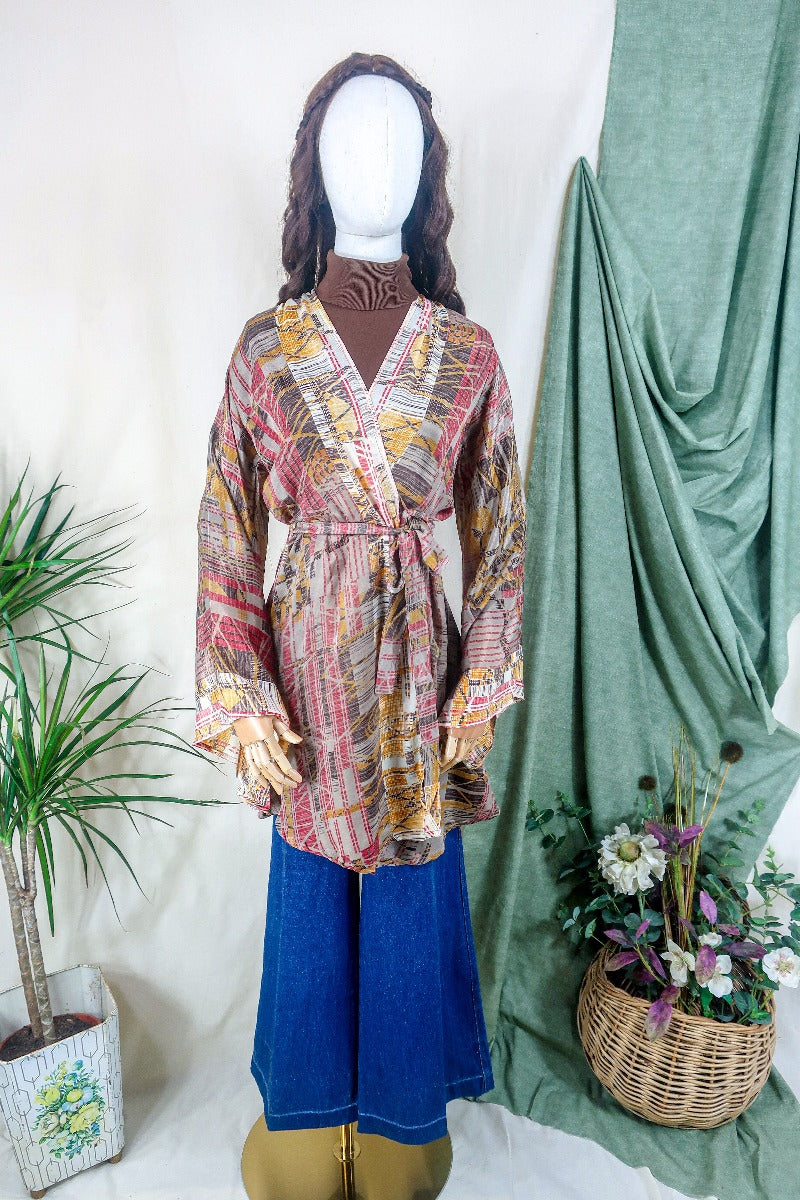 Karina Kimono Mini Dress - Vintage Sari - Earthy Mauve Abstract - Free Size S By All About Audrey