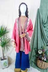 Karina Kimono Mini Dress - Vintage Sari - Blossom Pink Psychedelic - Free Size S/M By All About Audrey