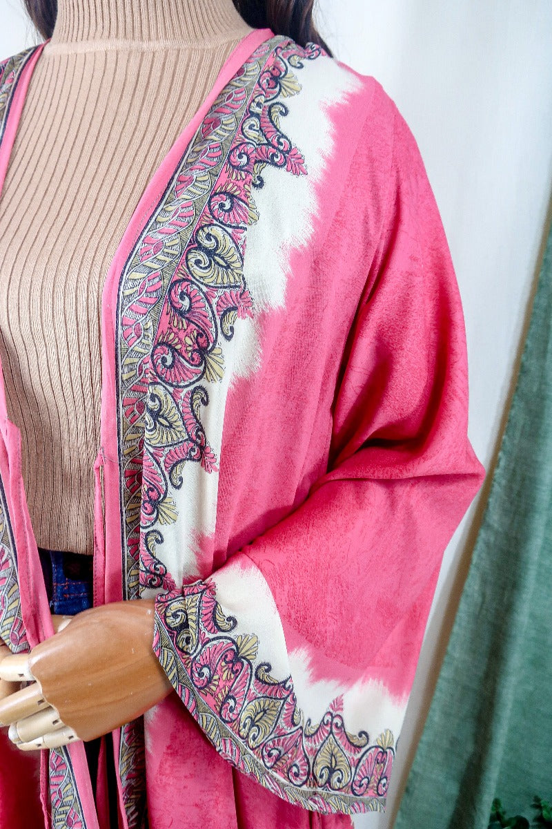 Karina Kimono Mini Dress - Vintage Sari - Blossom Pink Psychedelic - Free Size S/M