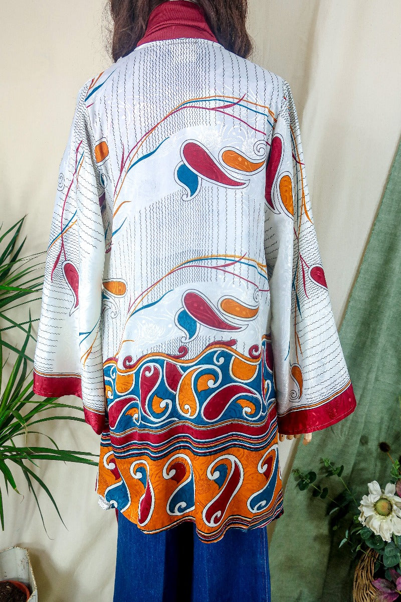 Karina Kimono Mini Dress - Vintage Sari - Jasmine White Graphic Paisley - Free Size M/L By All About Audrey