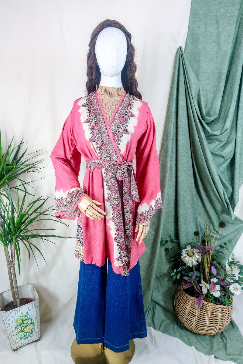 Karina Kimono Mini Dress - Vintage Sari - Blossom Pink Psychedelic - Free Size S/M By All About Audrey