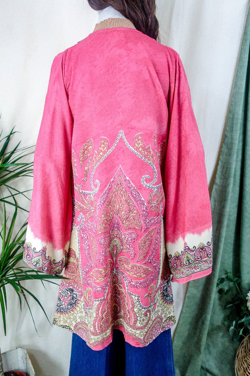 Karina Kimono Mini Dress - Vintage Sari - Blossom Pink Psychedelic - Free Size S/M