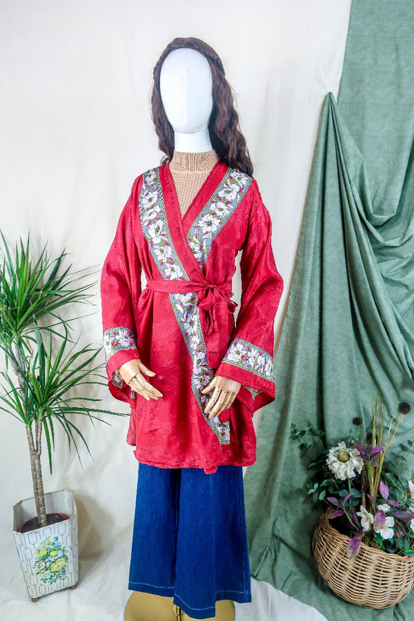 Karina Kimono Mini Dress - Vintage Sari - Crimson Nouveau Floral - Free Size S/M By All About Audrey