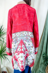 Karina Kimono Mini Dress - Vintage Sari - Crimson Nouveau Floral - Free Size S/M By All About Audrey