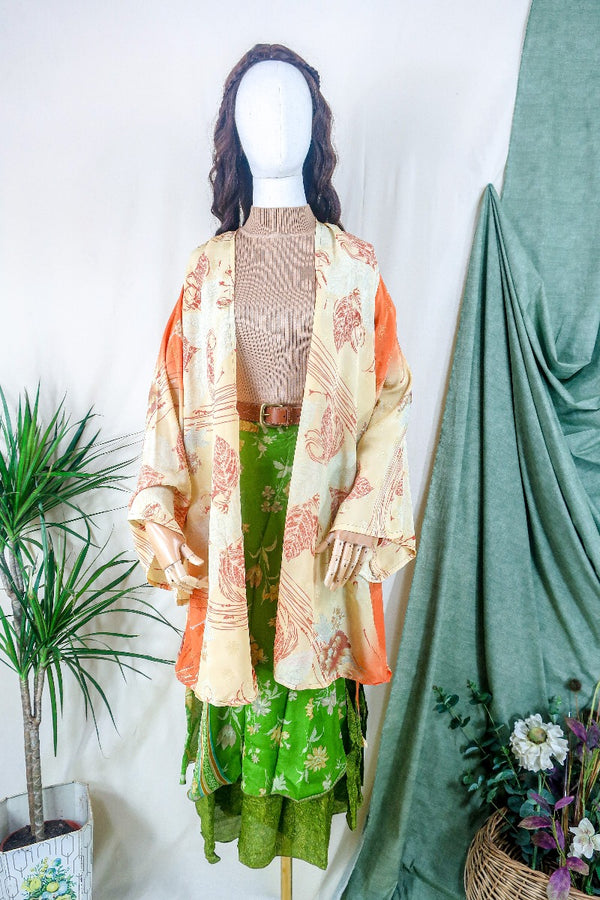 Karina Kimono Mini Dress - Vintage Sari - Tangerine & Misted Leaves - Free Size S By All About Audrey