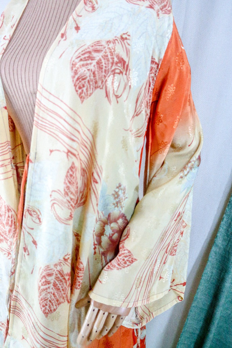 Karina Kimono Mini Dress - Vintage Sari - Tangerine & Misted Leaves - Free Size S By All About Audrey