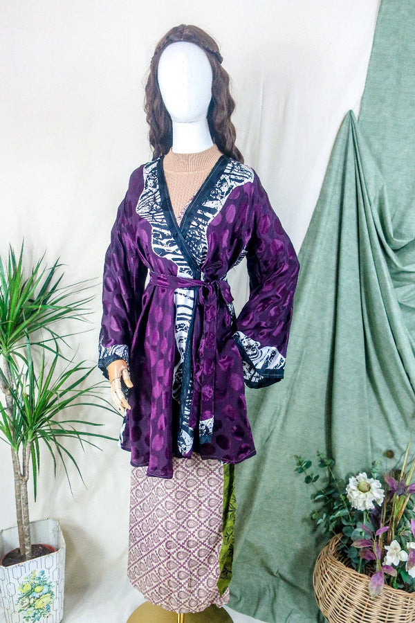 Karina Kimono Mini Dress - Vintage Sari - Vampy Berry Shimmer - Free Size S By All About Audrey