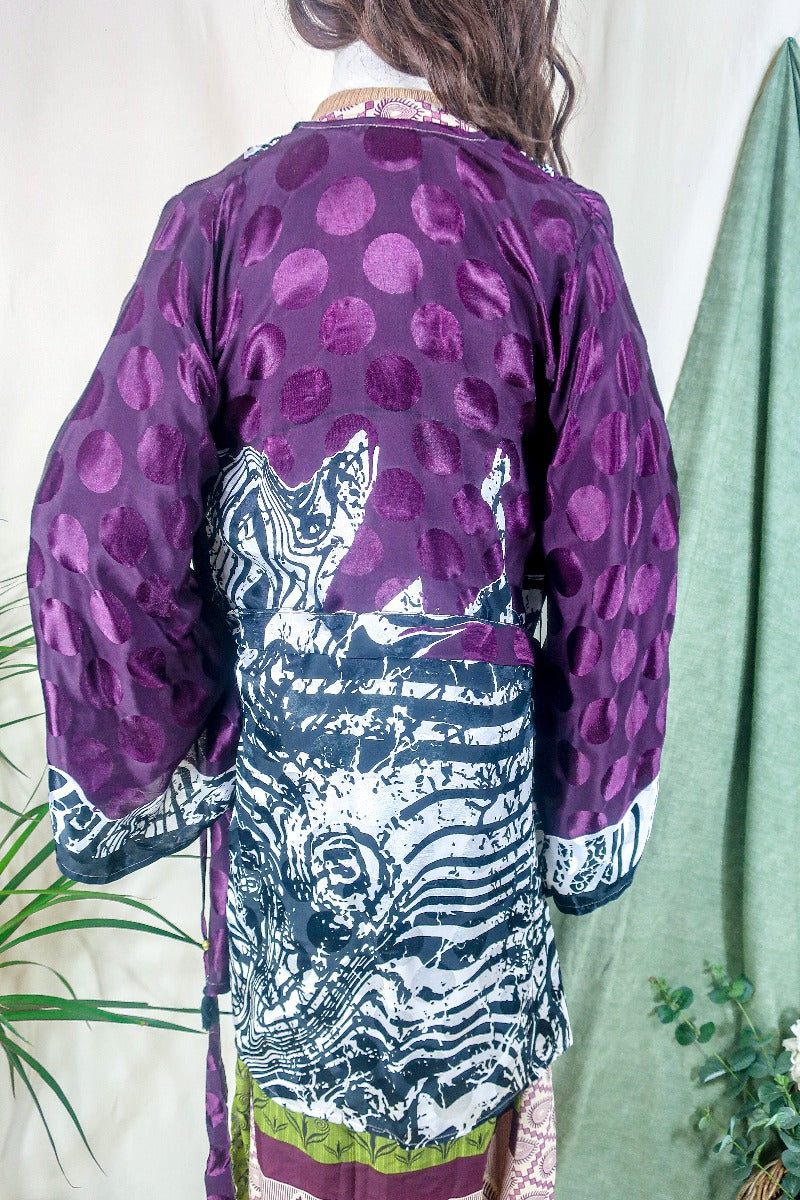 Karina Kimono Mini Dress - Vintage Sari - Vampy Berry Shimmer - Free Size S By All About Audrey