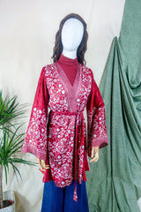 Karina Kimono Mini Dress - Vintage Sari - Ruby & Pearl Baroque Floral - Free Size S By All About Audrey