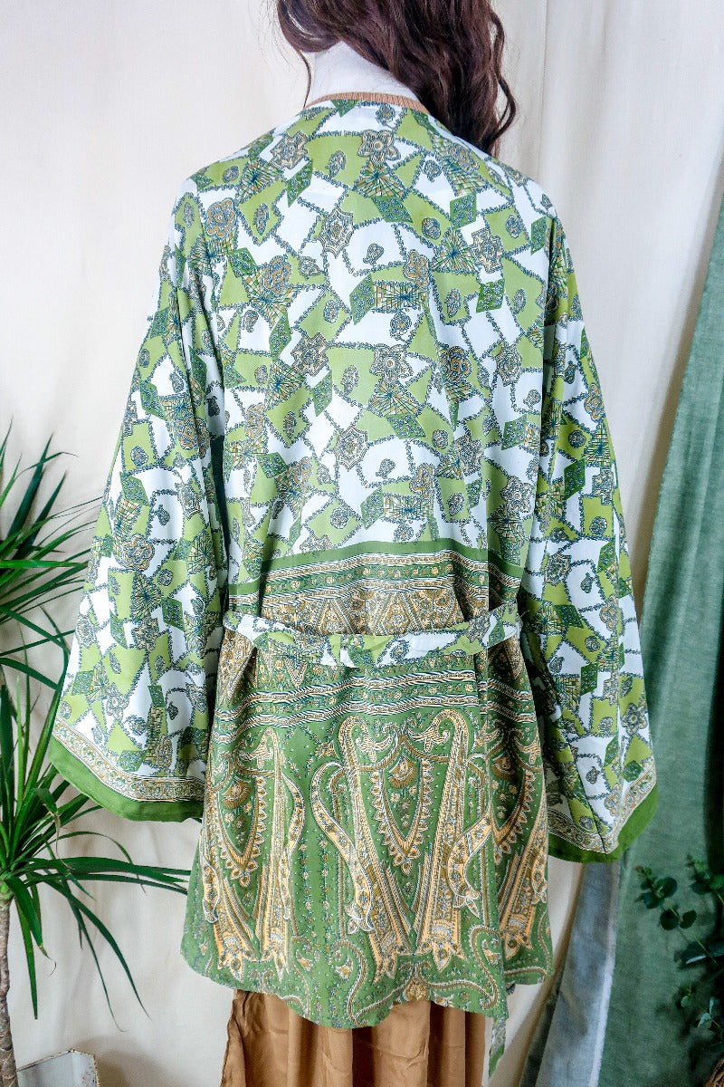 Karina Kimono Mini Dress - Vintage Sari - Willow Green Patchwork - Free Size XL By All About Audrey