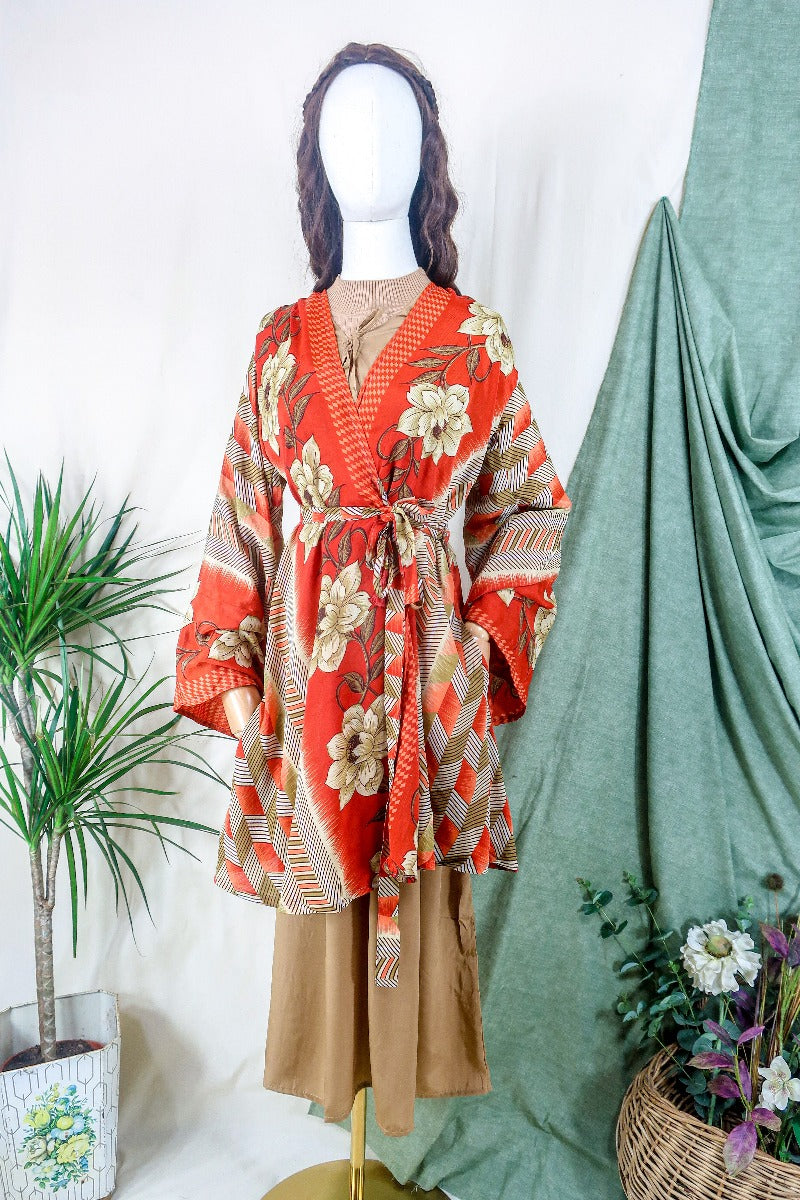 Karina Kimono Mini Dress - Vintage Sari - Burnt Orange Chevron Floral  - Free Size S By All About Audrey