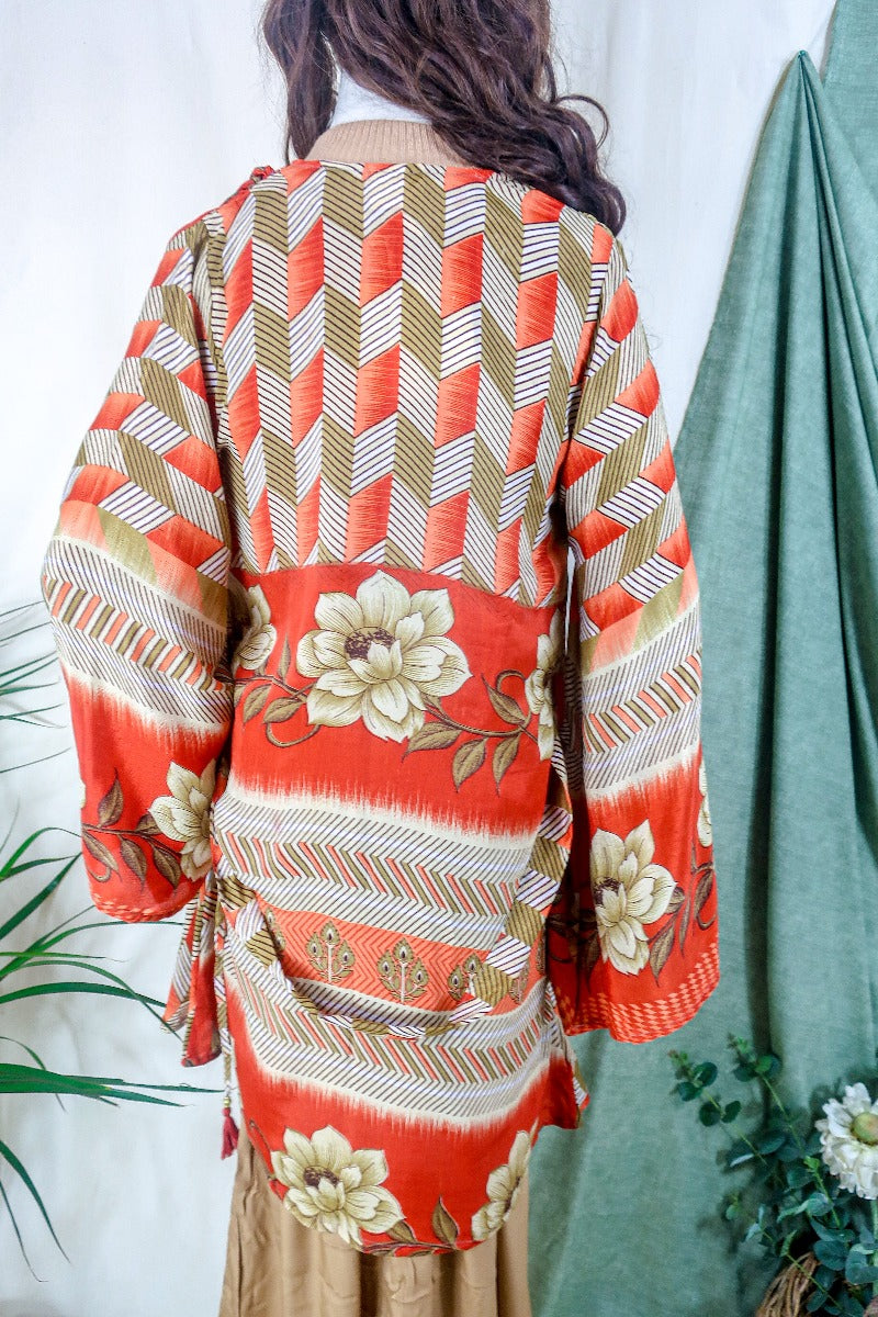 Karina Kimono Mini Dress - Vintage Sari - Burnt Orange Chevron Floral - Free Size S By All About Audrey