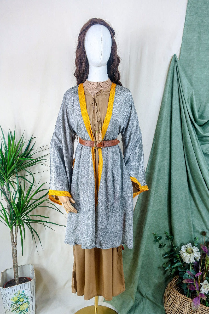 Karina Kimono Mini Dress - Vintage Sari - Grey Smoke Abstract - Free Size M/L By All About Audrey