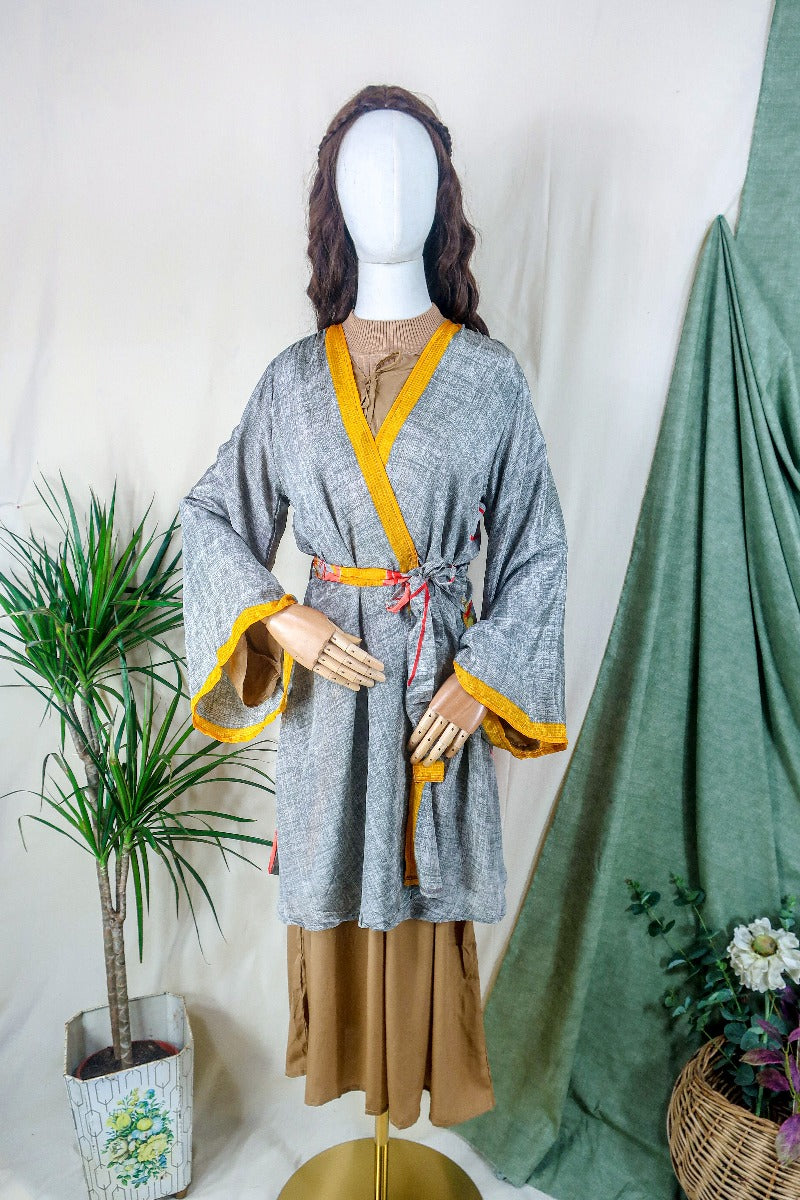 Karina Kimono Mini Dress - Vintage Sari - Grey Smoke Abstract - Free Size M/L By All About Audrey