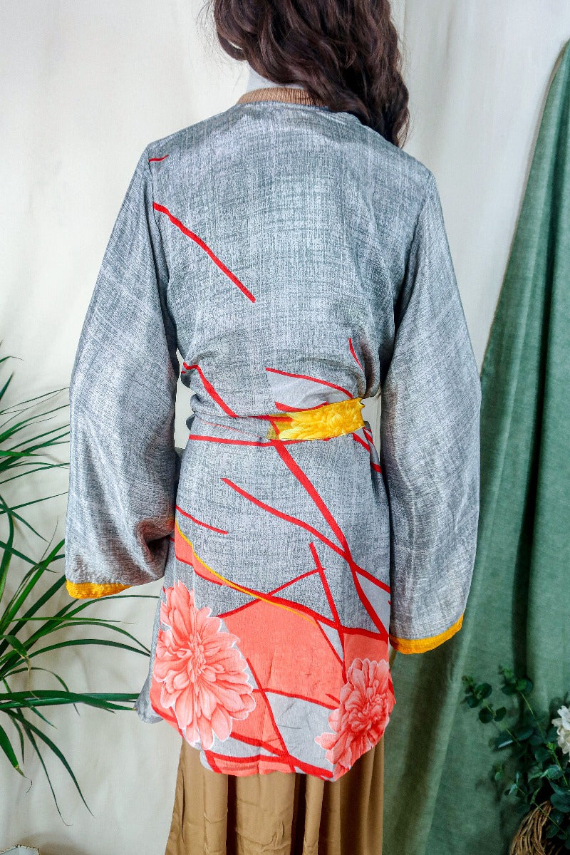 Karina Kimono Mini Dress - Vintage Sari - Grey Smoke Abstract - Free Size M/L By All About Audrey