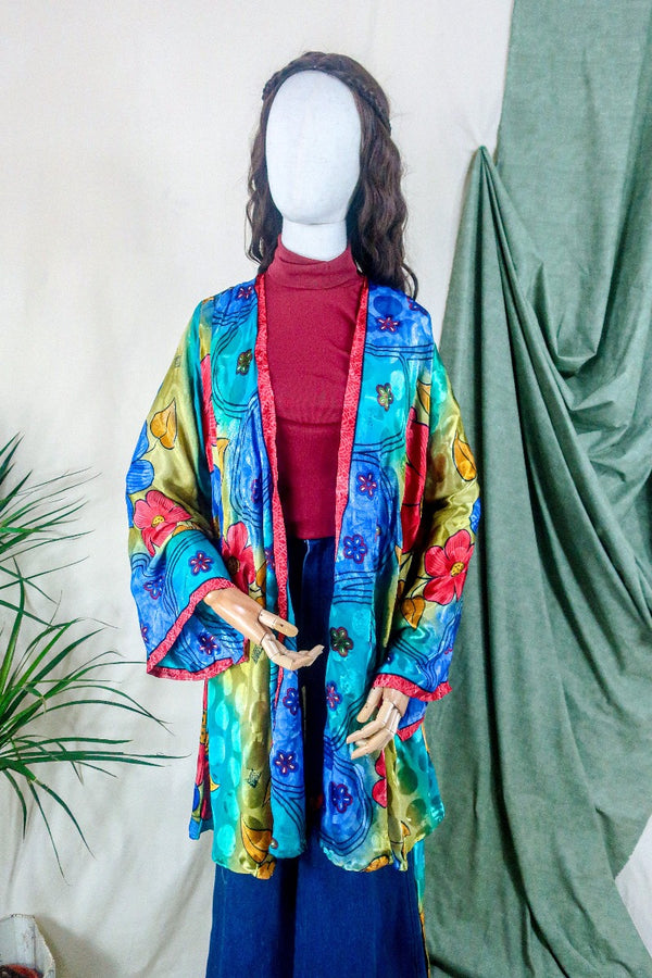 Karina Kimono Mini Dress - Vintage Sari - Vivid Kaleidoscope Floral - Free Size S/M By All About Audrey