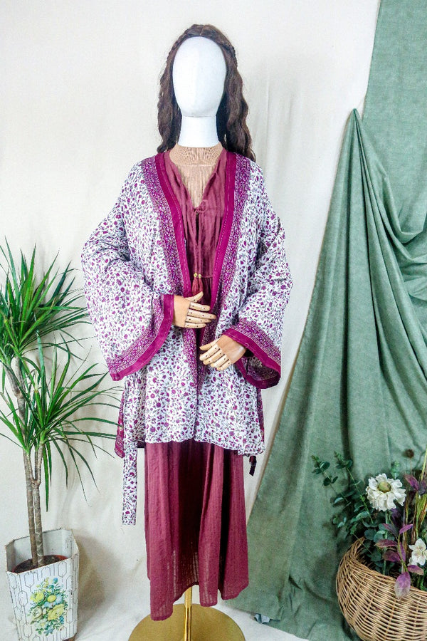 Karina Kimono Mini Dress - Vintage Sari - Salt White & Rosehip Wildflower - Free Size S/M By All About Audrey
