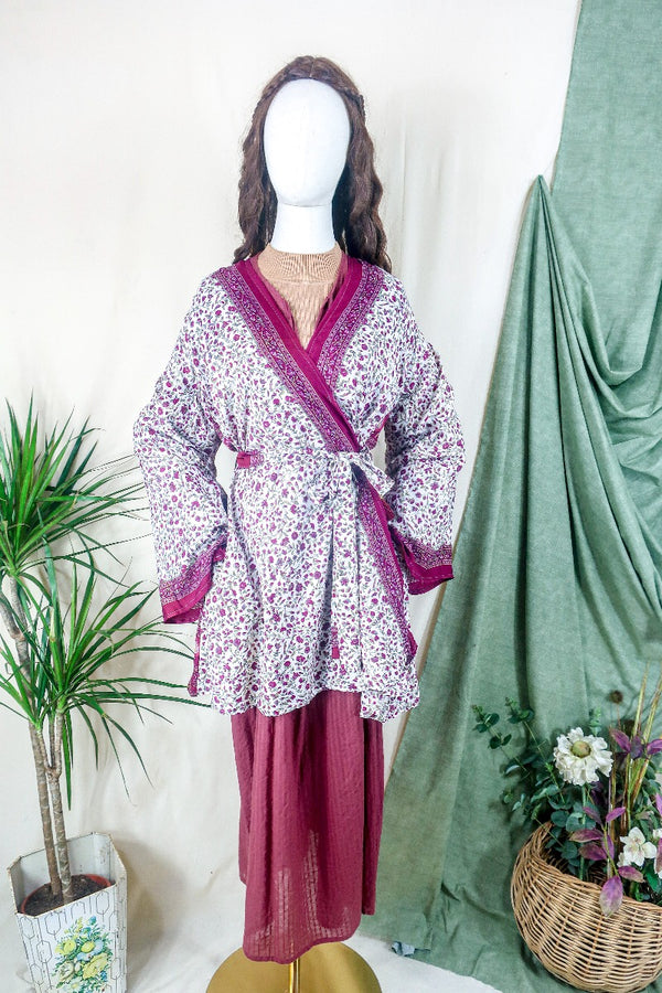 Karina Kimono Mini Dress - Vintage Sari - Salt White & Rosehip Wildflower - Free Size S/M By All About Audrey