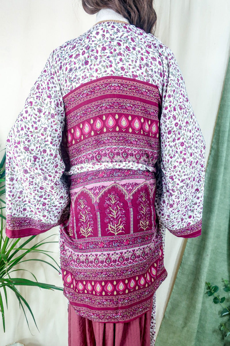 Karina Kimono Mini Dress - Vintage Sari - Salt White & Rosehip Wildflower - Free Size S/M By All About Audrey