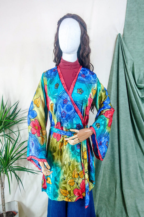 Karina Kimono Mini Dress - Vintage Sari - Vivid Kaleidoscope Floral - Free Size S/M By All About Audrey