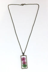entire necklace pink dried flower pendant in brass rectangle shape on chain from our vintage inspired jewellery and gifts collection by all about audrey
