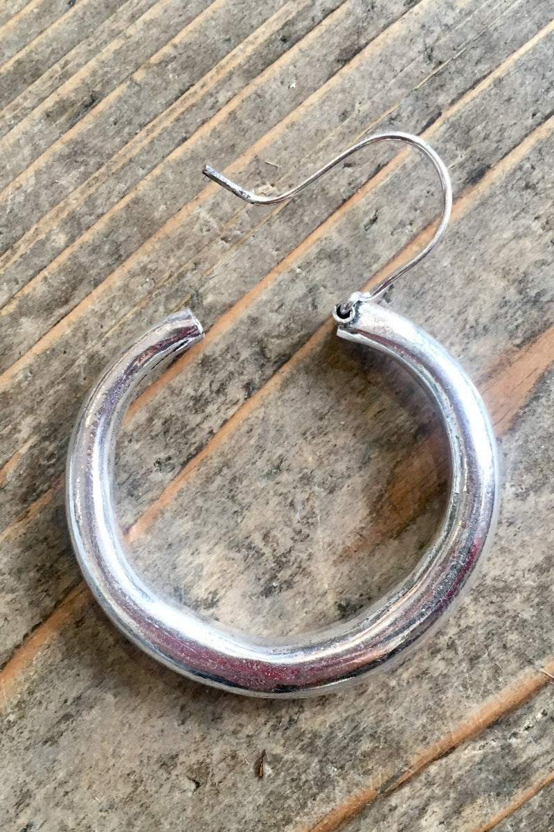 single laid flat medium silver painted thin hoops from our collection of vintage inspired bohemian jewellery and accessories by all about audrey