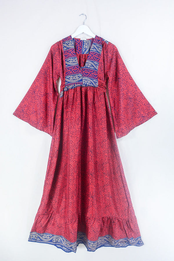 Lunar Maxi Dress - Vintage Sari - Ruby Red Psychedelic Print - Size XS by all about audrey