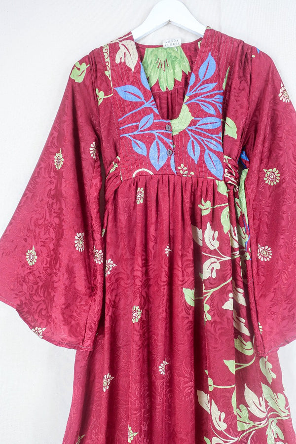 Lunar Maxi Dress - Vintage Sari - Crimson & Lime Leaves - Size XS by all about audrey
