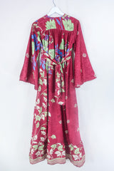 Lunar Maxi Dress - Vintage Sari - Crimson & Lime Leaves - Size XS by all about audrey
