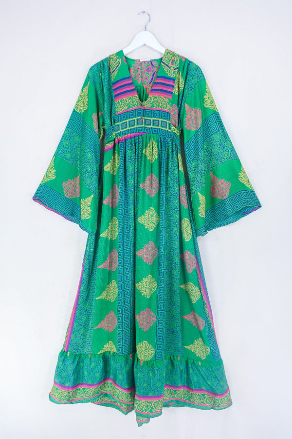 Lunar Maxi Dress - Vintage Sari - Jungle Green Patchwork Tile - Size XS by all about audrey