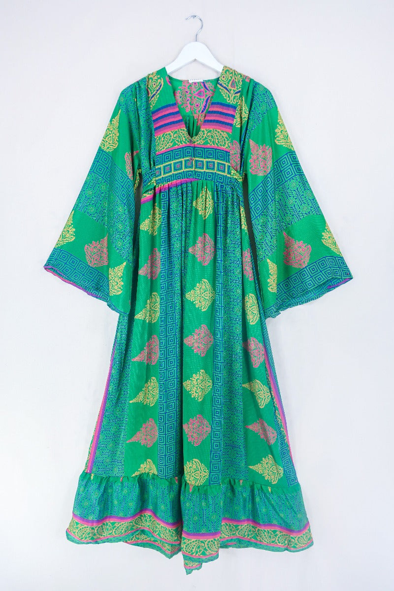 Lunar Maxi Dress - Vintage Sari - Apple Green Motif - Size S by all about audrey