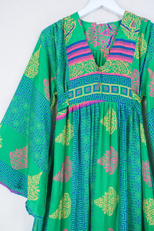 Lunar Maxi Dress - Vintage Sari - Jungle Green Patchwork Tile - Size XS by all about audrey