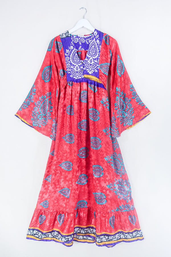 Lunar Maxi Dress - Vintage Sari - Deep Coral & Jade Motif - Size XS by all about audrey