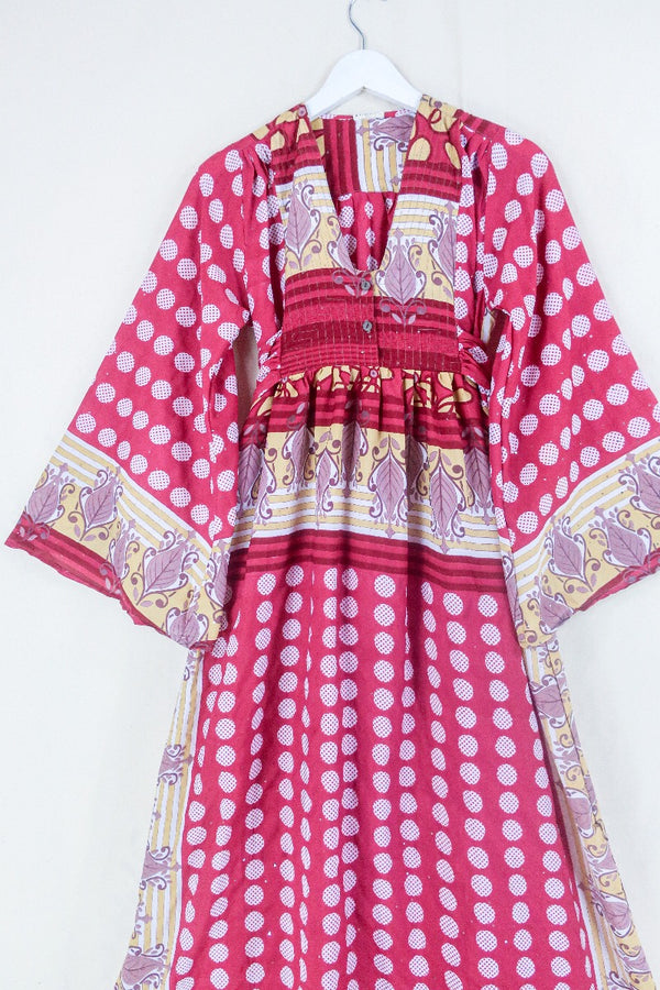 Lunar Maxi Dress - Vintage Sari - Tulip & Lemon Polka Dot - Size XS by all about audrey