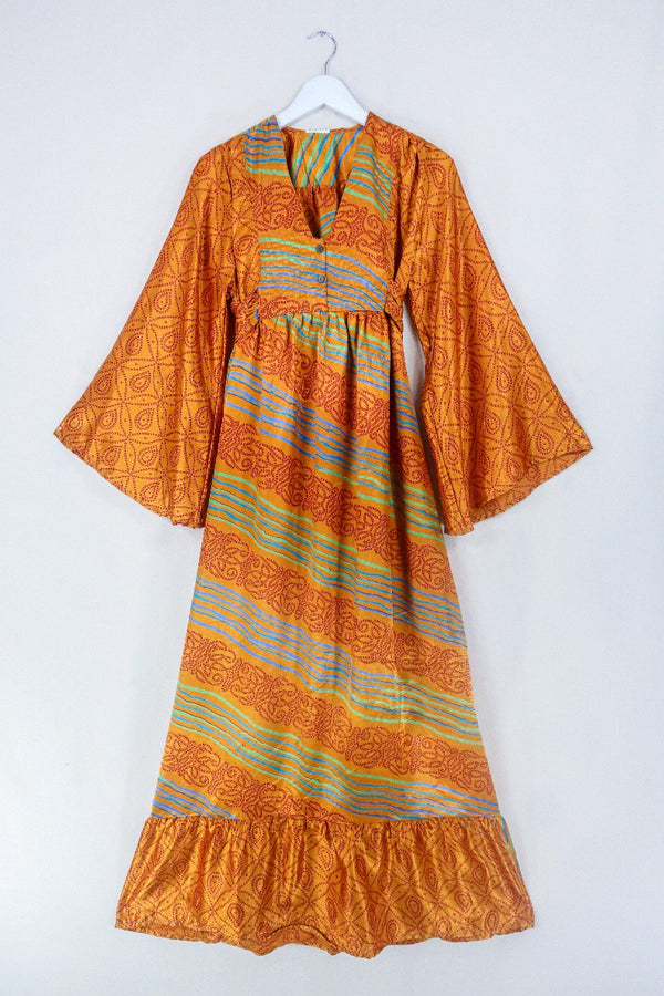 Lunar Maxi Dress - Vintage Sari - Marigold Batik Effect - Size S by all about audrey